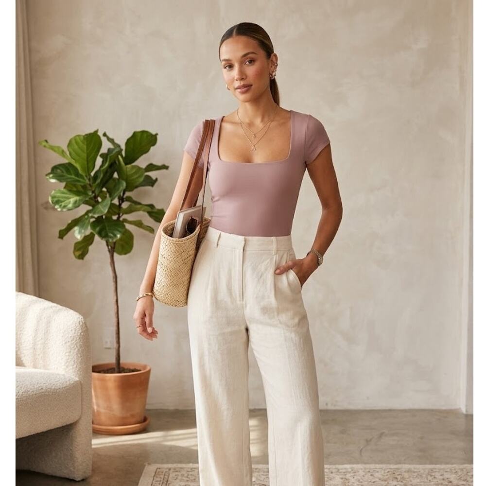Free People Fair and Square Neck Duo Bodysuit Mauve Short Sleeve Women's Small